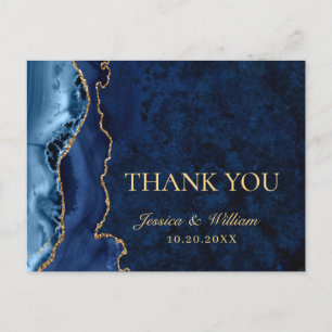 Modern Gold Blue Marble Agate Wedding Thank You Postcard