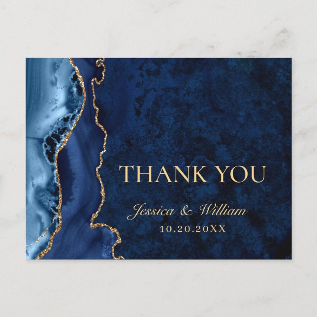 Modern Gold Blue Marble Agate Wedding Thank You Postcard (Front)