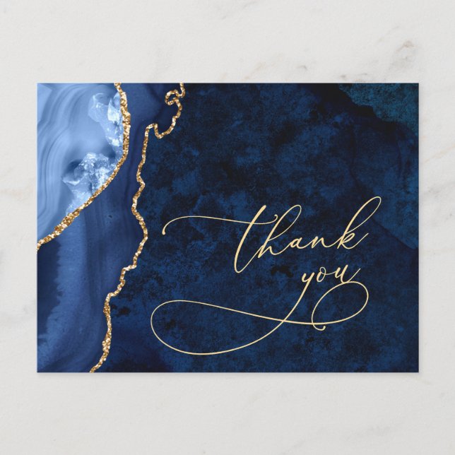 Modern Gold Blue Marble Agate Wedding Thank You Postcard (Front)