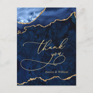 Modern Gold Blue Marble Agate Wedding Thank You Postcard