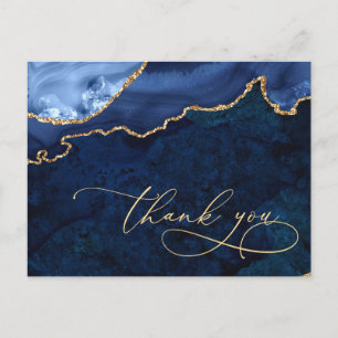 Modern Gold Blue Marble Agate Wedding Thank You Postcard