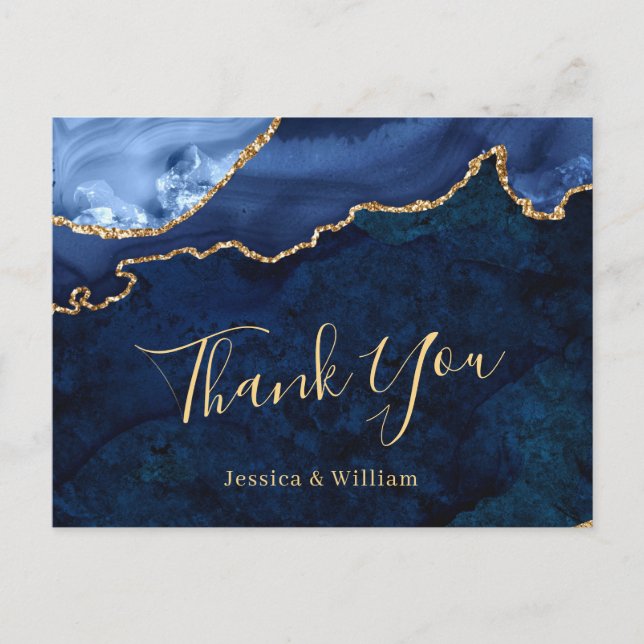 Modern Gold Blue Marble Agate Wedding Thank You Postcard (Front)