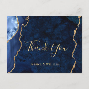 Modern Gold Blue Marble Agate Wedding Thank You Postcard