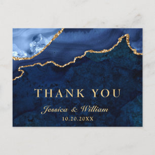 Modern Gold Blue Marble Agate Wedding Thank You Postcard