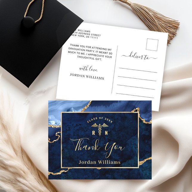 Modern Gold Blue Marble RN Graduation Thank You Postcard (Creator Uploaded)