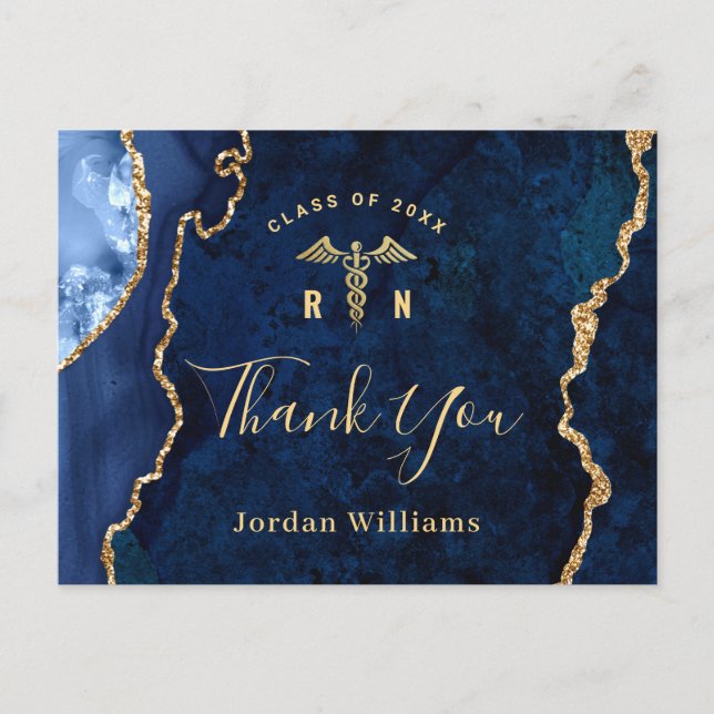 Modern Gold Blue Marble RN Graduation Thank You Postcard (Front)