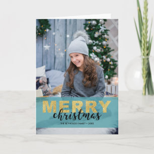 Modern Gold Blue Merry Christmas - Photo Card