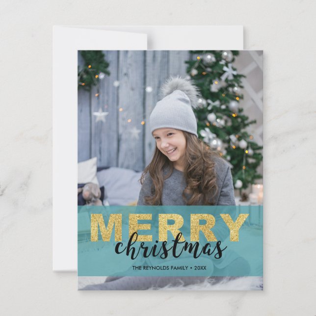 Modern Gold Blue Merry Christmas - Photo Card (Front)