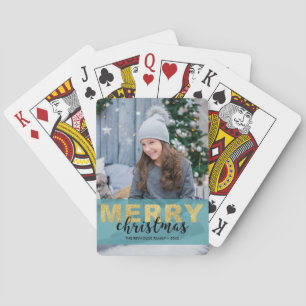 Modern Gold Blue Merry Christmas Photo Card Deck