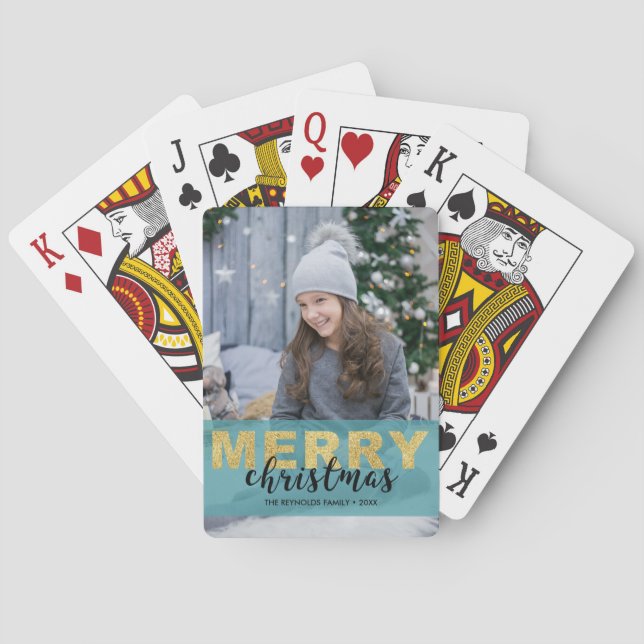 Modern Gold Blue Merry Christmas Photo Card Deck (Back)