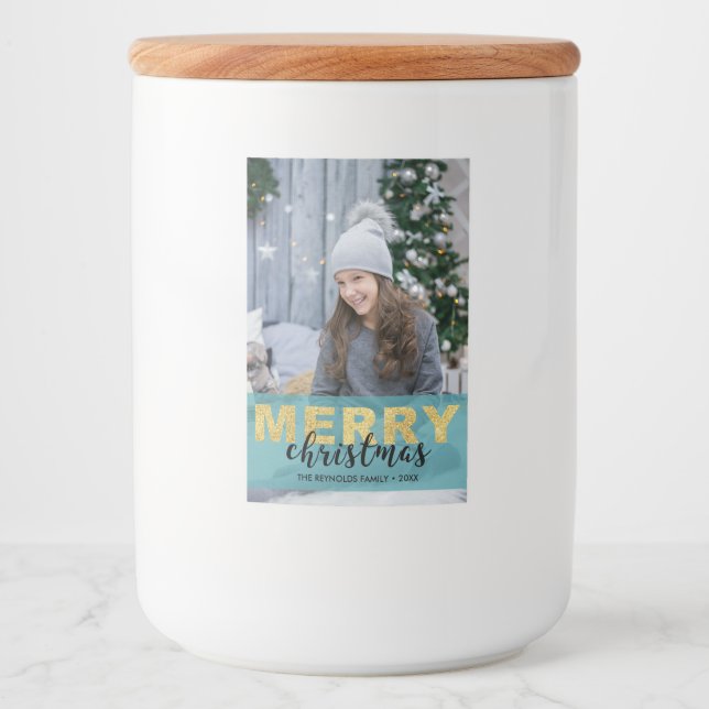 Modern Gold Blue Merry Christmas Photo Food Label (Front)