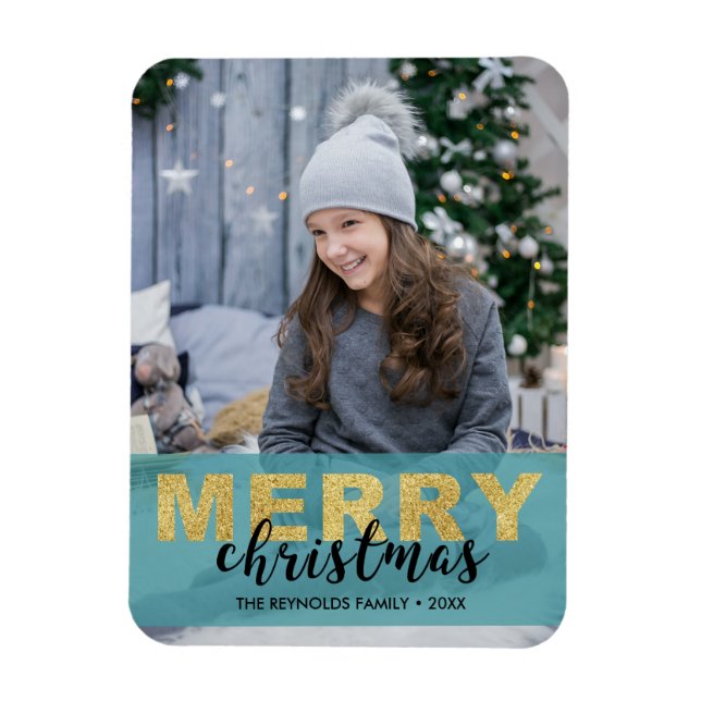 Modern Gold Blue Merry Christmas - Photo Magnet (Vertical)