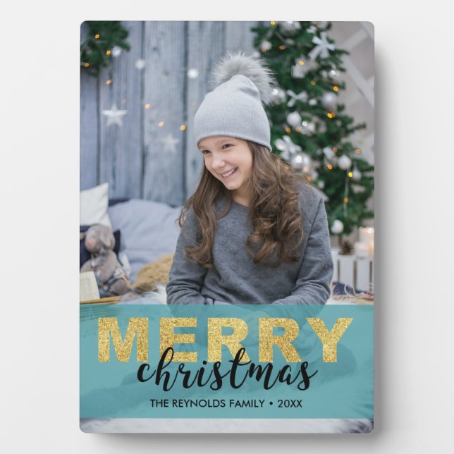 Modern Gold Blue Merry Christmas - Photo Plaque (Front)