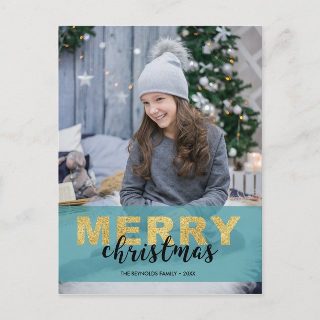 Modern Gold Blue Merry Christmas Photo - Postcard (Front)