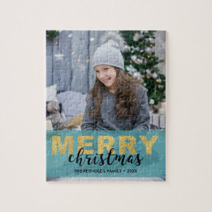 Modern Gold Blue Merry Christmas Photo - Puzzle