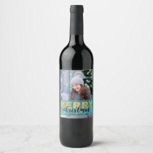 Modern Gold Blue Merry Christmas Photo Wine Label