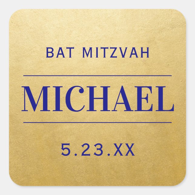 Modern Gold & Blue Mitzvah Birthday Name Favour Square Sticker (Front)