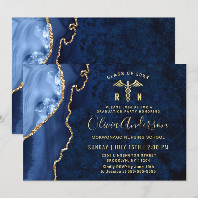 Modern Gold Blue Nursing School Graduation Party Invitation (Front/Back)