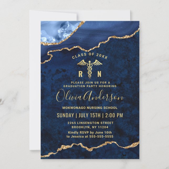 Modern Gold Blue Nursing School Graduation Party  Invitation (Front)