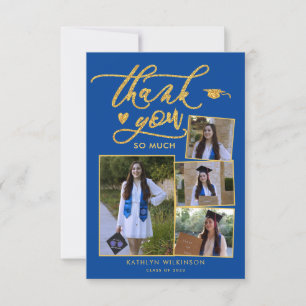 Modern Gold Blue Photo Graduation Thank You Card