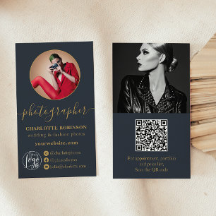 Modern gold  blue photo qr code logo photographer business card