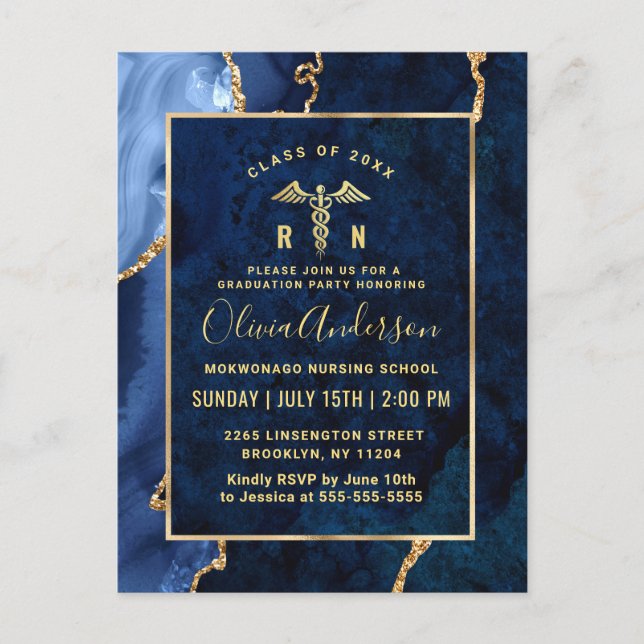 Modern Gold Blue RN Graduation Party Invitation Postcard (Front)