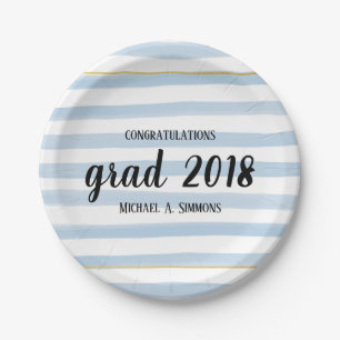 Modern Gold & Blue Striped Graduation Paper Plates