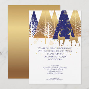 Modern Gold Blue Woodland Deer Invitation