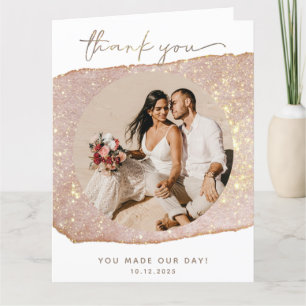 Modern Gold Blush Glitter Photo Wedding Thank You Card