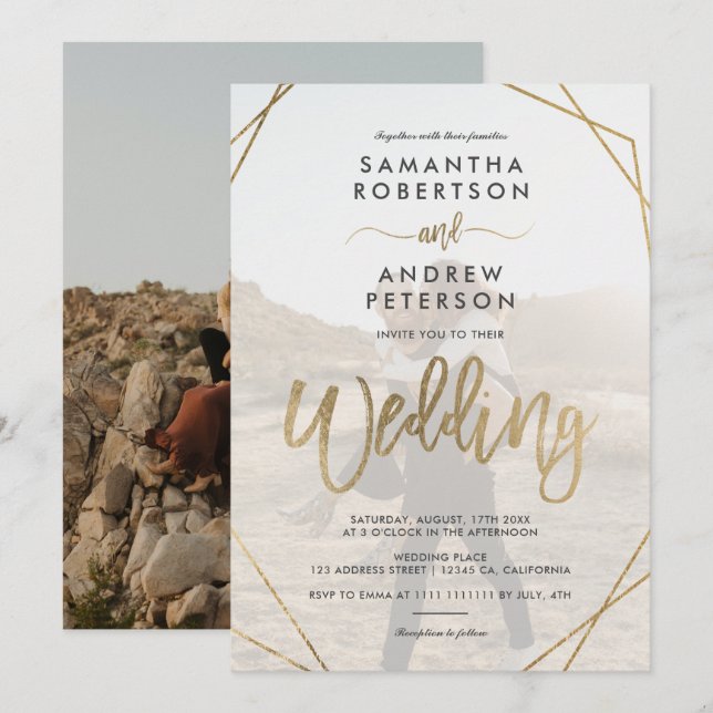 Modern gold boho frame simple photo script wedding invitation (Front/Back)