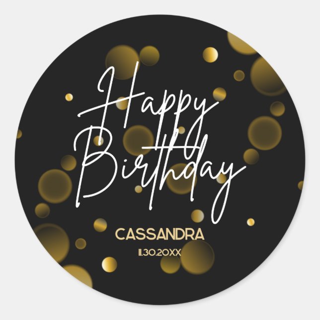 Modern Gold Bokeh Gradient Black Happy Birthday Classic Round Sticker (Front)