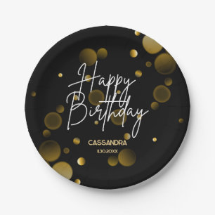 Modern Gold Bokeh Gradient Black Happy Birthday Paper Plate