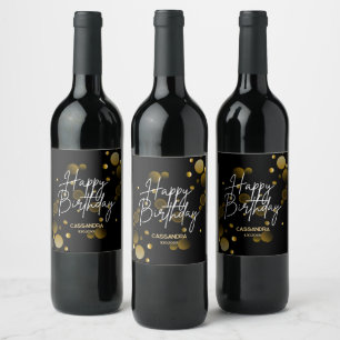 Modern Gold Bokeh Gradient Black Happy Birthday Wine Label