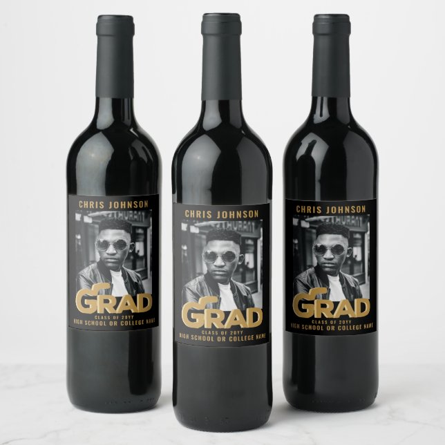 Modern Gold Bold Typography Graduation Party Wine Label (Bottles)