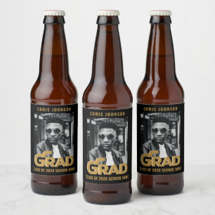 Modern Gold Bold Typography Photo Graduation Party Beer Bottle Label