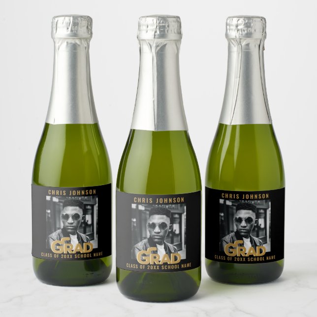Modern Gold Bold Typography Photo Graduation Party Sparkling Wine Label (Bottles)
