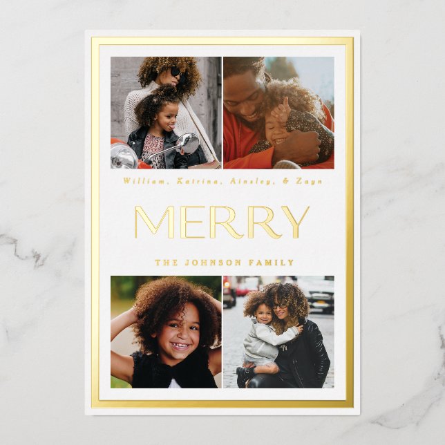 Modern Gold Border Holiday Multi Photo Foil Card (Front)