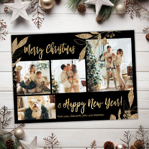 Modern Gold Botanical 4 Photo Collage Christmas Po Postcard