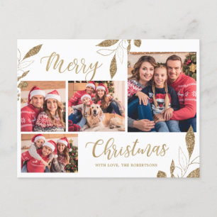 Modern Gold Botanical 4 Photo Collage Christmas Postcard