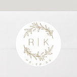 Modern Gold Botanical Initials Wedding Monogram Classic Round Sticker<br><div class="desc">Custom-designed wedding monogram stickers featuring elegant hand drawn style brown gold botanical wreath with couple's initials and wedding date. Perfect for wedding save the dates,  envelops,  wedding favour packagings and more.</div>
