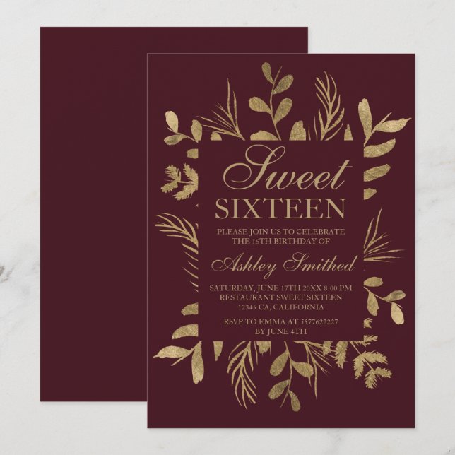 Modern gold botanical leaf red burgundy Sweet 16 Invitation (Front/Back)