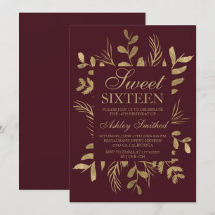 Modern gold botanical leaf red burgundy Sweet 16 Invitation