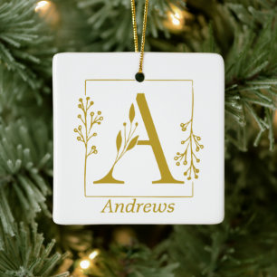 Modern Gold Botanical Letter A Personalised Ceramic Ornament
