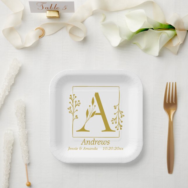 Modern Gold Botanical Letter A  Personalised   Paper Plate (Wedding)