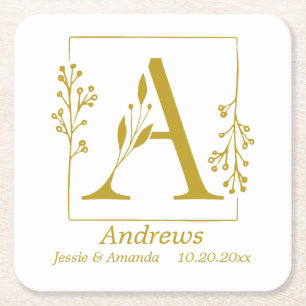 Modern Gold Botanical Letter A  Personalised   Square Paper Coaster