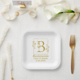 Modern Gold Botanical Letter B  Paper Plate