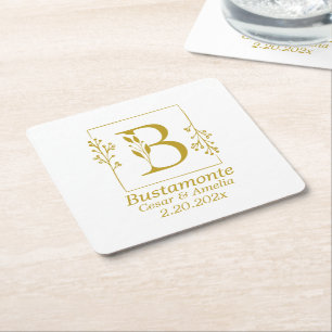 Modern Gold Botanical Letter B Square Paper Coaster