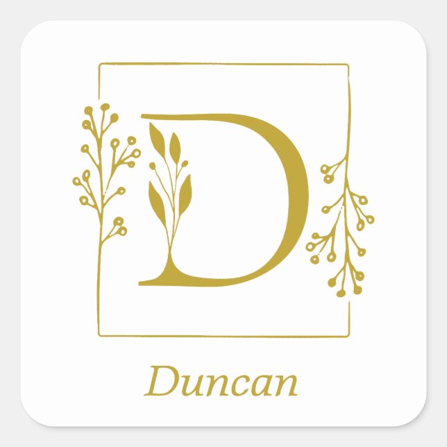 Modern Gold Botanical Letter D Square Sticker (Front)