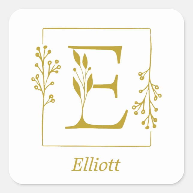 Modern Gold Botanical Letter E Square Sticker (Front)
