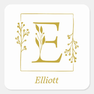 Modern Gold Botanical Letter E Square Sticker
